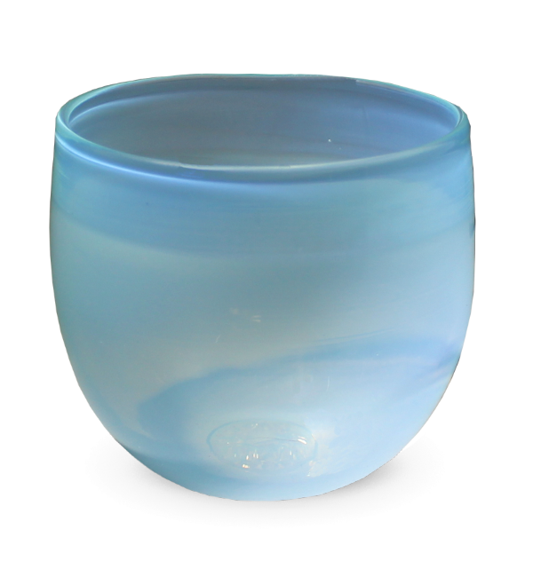 hand-blown light blue drinking glass.