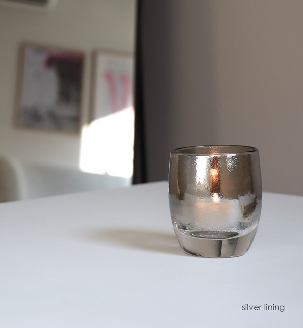 silver lining, chrome topped clear, hand-blown glass votive candle holder