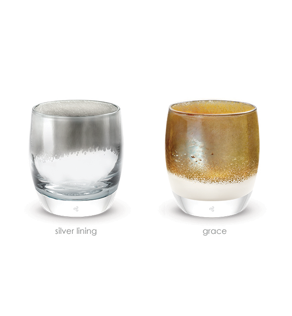 sleigh bells set, silver lining silver on clear, grace gold on white, hand-blown glass votive candle holders.