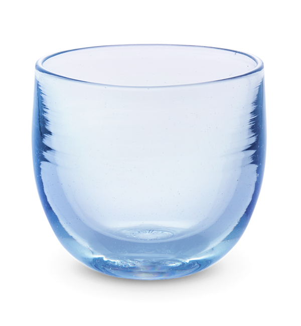 sparking water drinker, transparent light sky blue, hand-blown drinking glass.