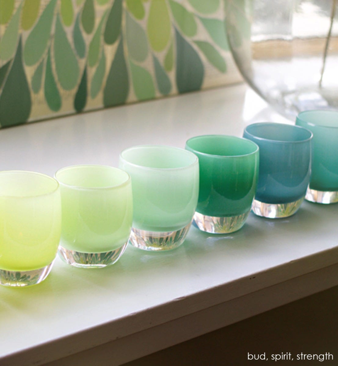 spirit, light mint green, hand-blown glass votive candle holder. Paired with bud and strength.