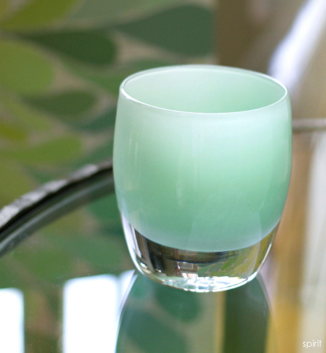 spirit, light mint green, hand-blown glass votive candle holder