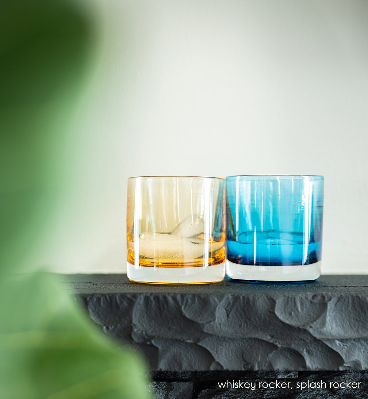 splash rocker, transparent bright blue hand-blown lowball glass. paired with whiskey rocker