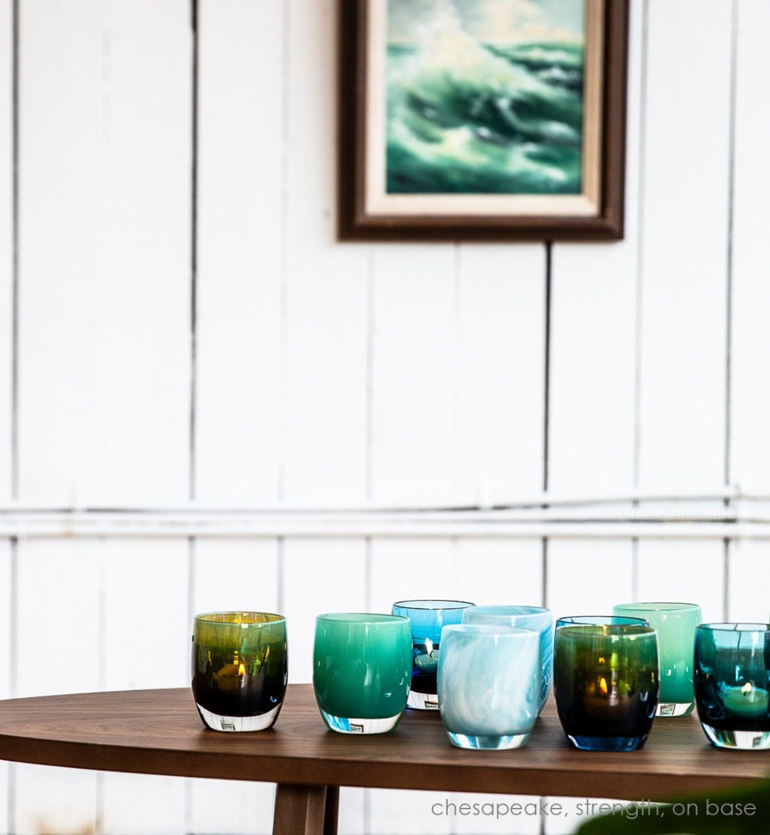 strength teal green hand-blown glass votive candle holder