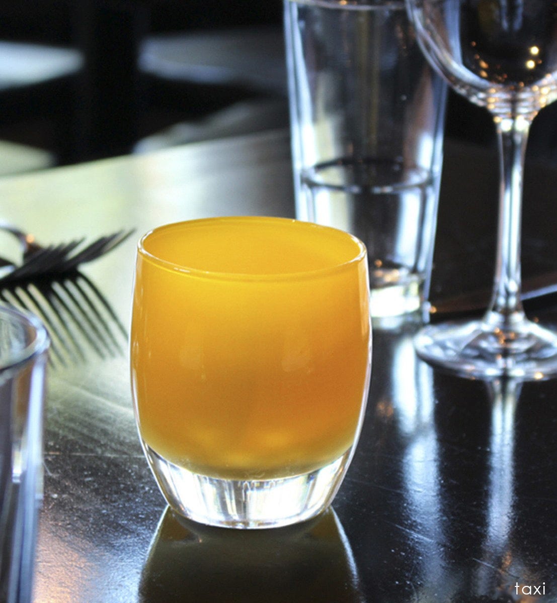 taxi, golden yellow, hand-blown glass votive candle holder.