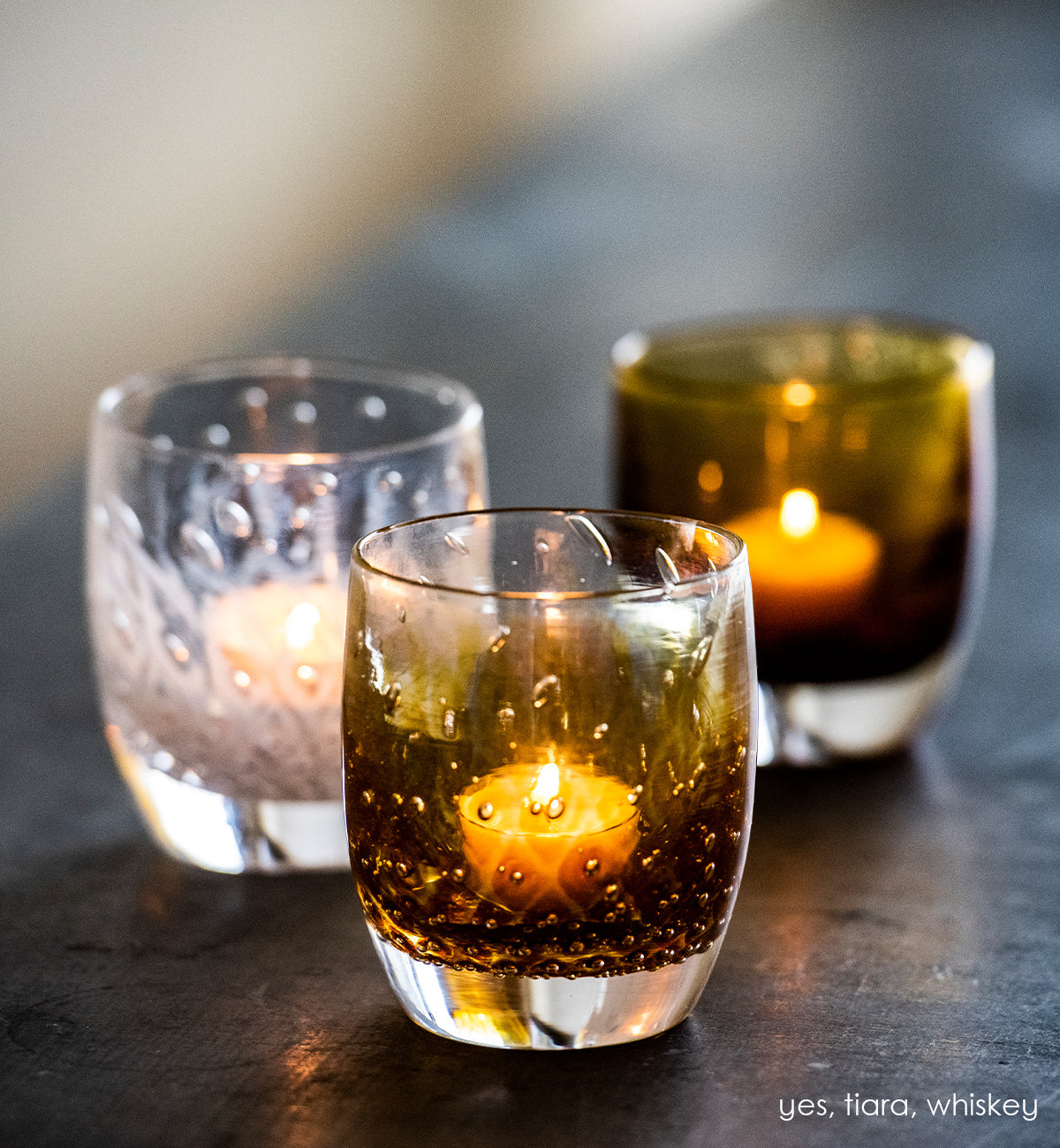 tiara amber bubble pattern, hand-blown glass votive candle holder