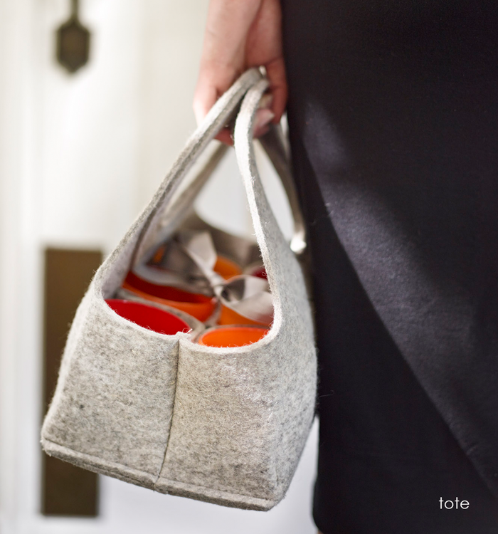felt tote for six hand-blown glass votive candle holders or drinking glasses