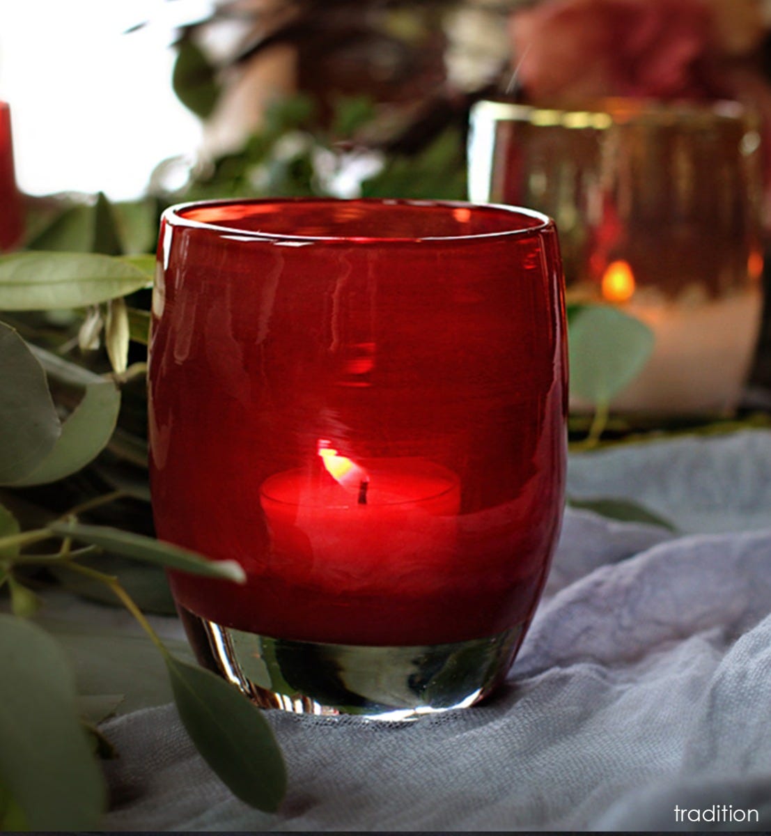 tradition, garnet hand-blown glass votive candle holder