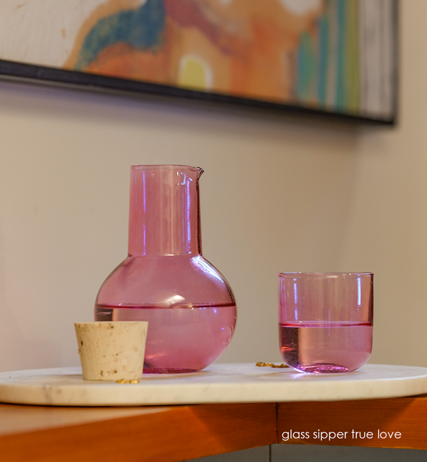 true love translucent raspberry pink, hand-blown carafe and drinking cup