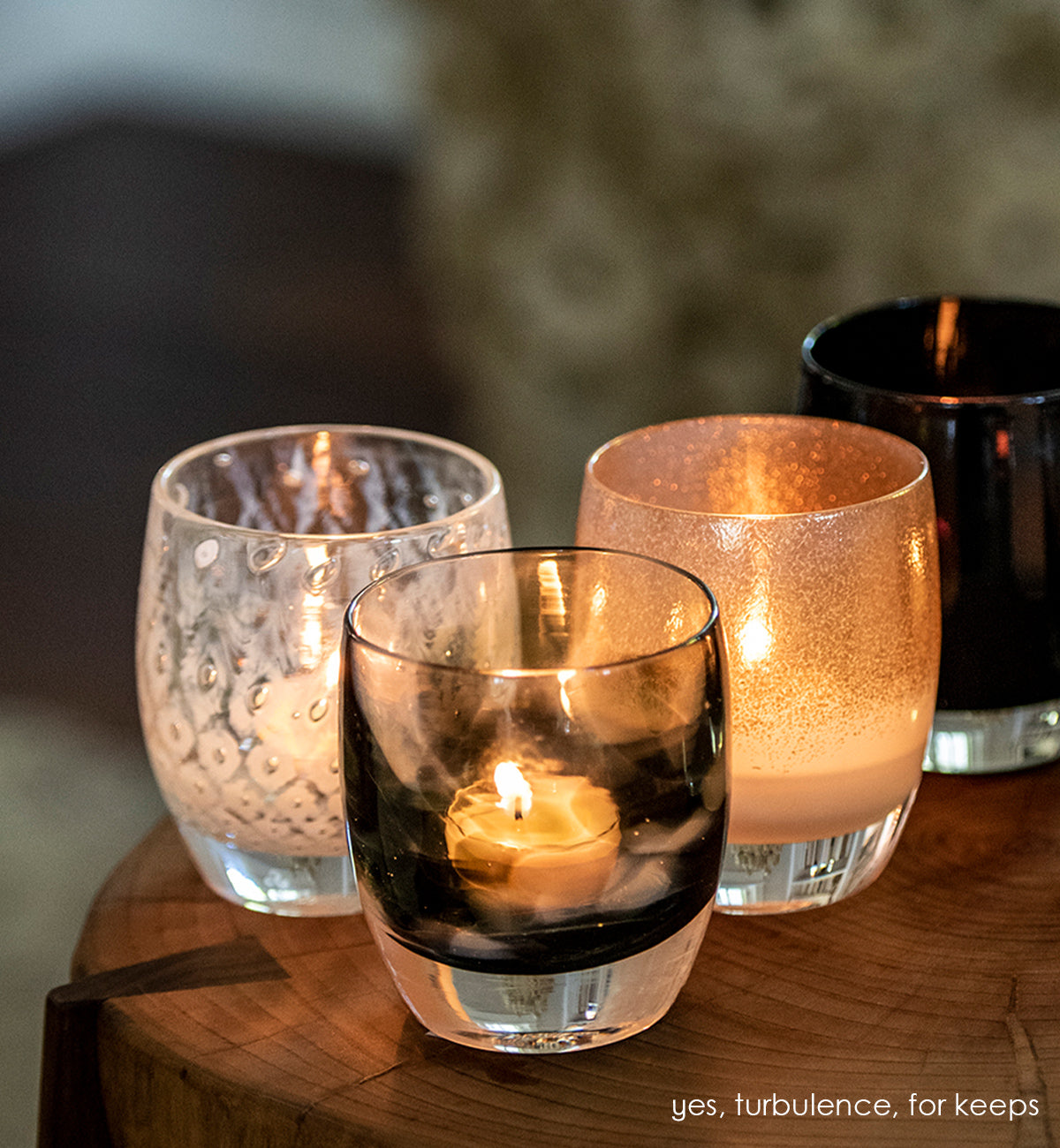 turbulence, smokey grey and white patterned, hand-blown glass votive candle holder. paired with yes and for keeps