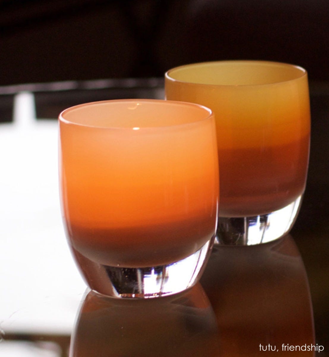 tutu, tan hand-blown glass votive candle holder. Paired with friendship