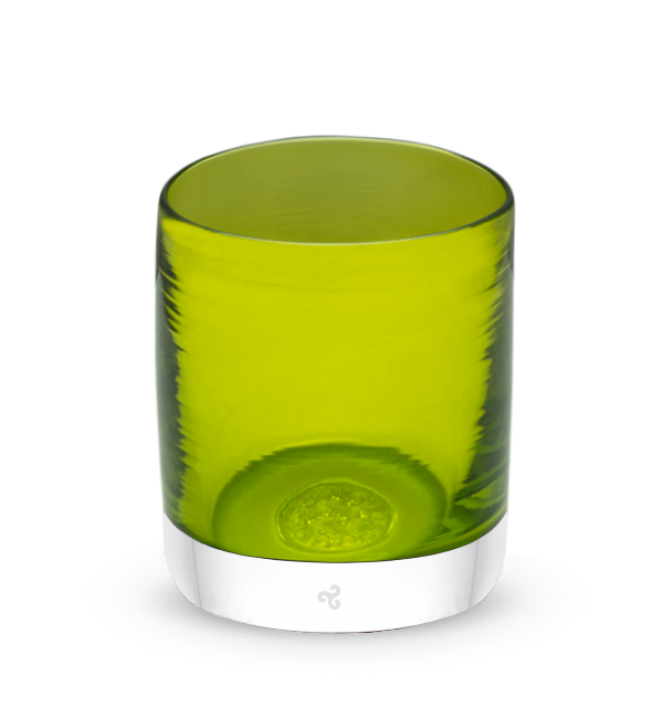 twist rocker, translucent lime green hand-blown lowball glass.