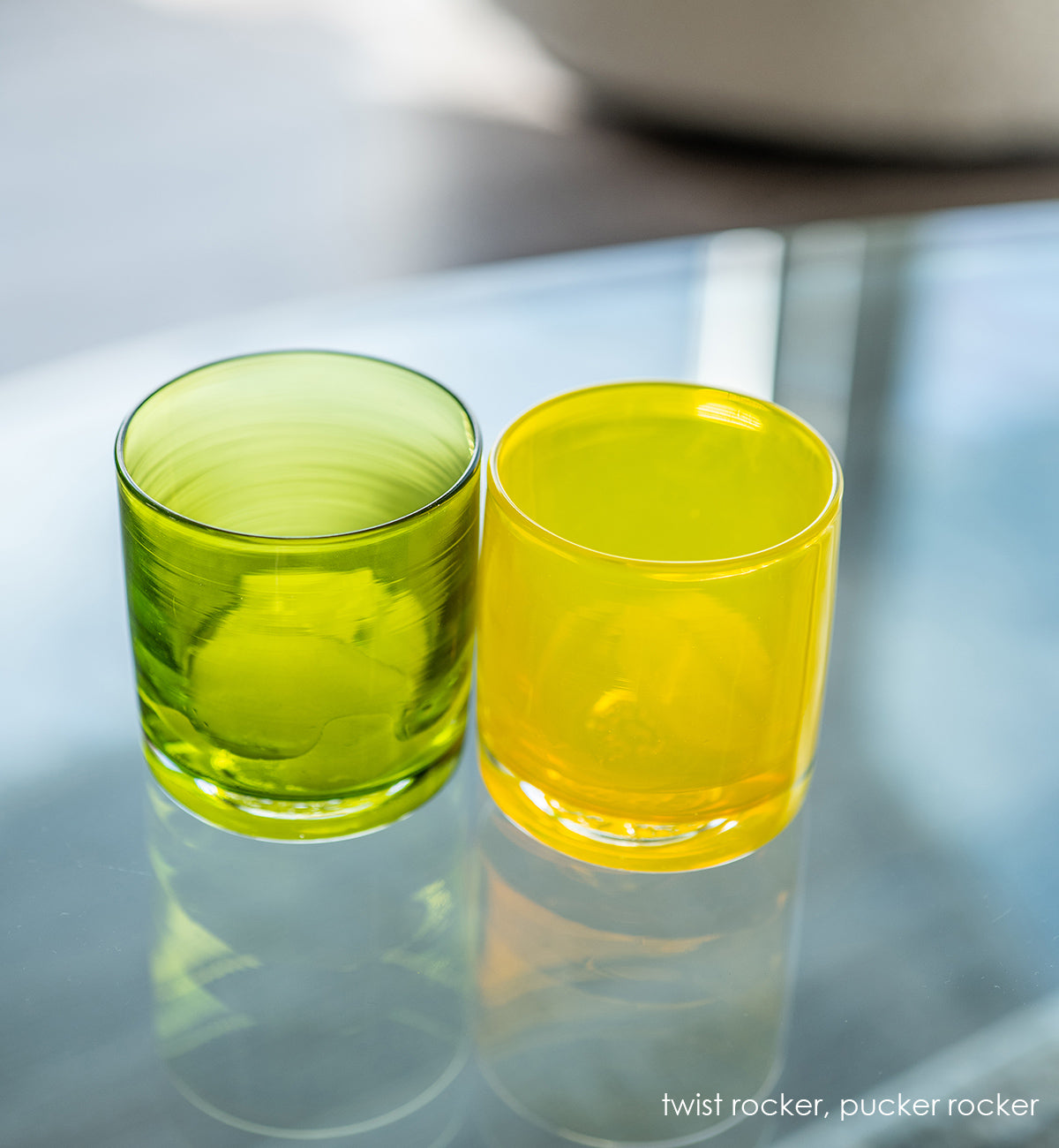 twist rocker, translucent lime green hand-blown lowball glass.. paired with pucker rocker