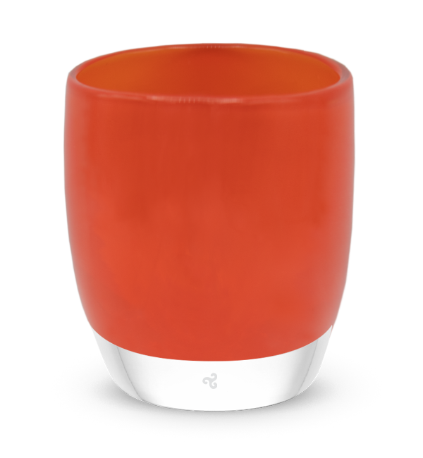 vitality, bright blood-orange, hand-blown glass votive candle holder.