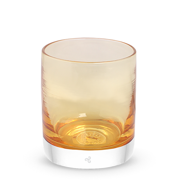 whiskey rocker, amber translucent, hand-blown glass lowball drinking glass