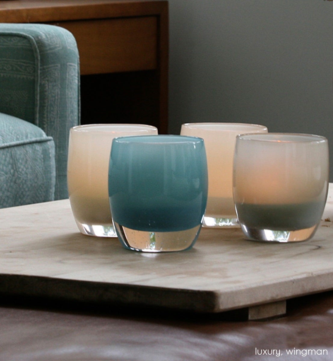 wingman, harbor gray, hand-blown glass votive candle holder. Paired with luxury.