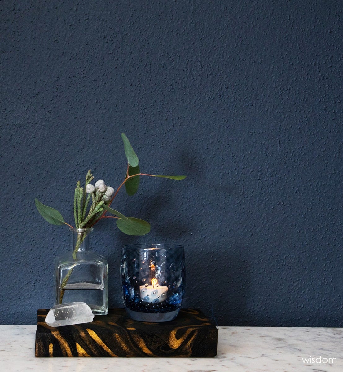 wisdom, unique navy bubble pattern, hand-blown glass votive candle holder.