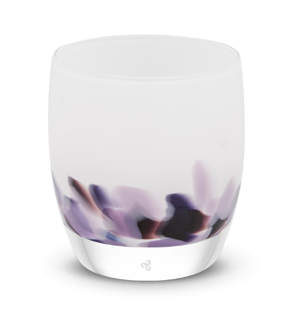 wisteria, white with purple petals emerging from the bottom, hand-blown glass votive candle holder