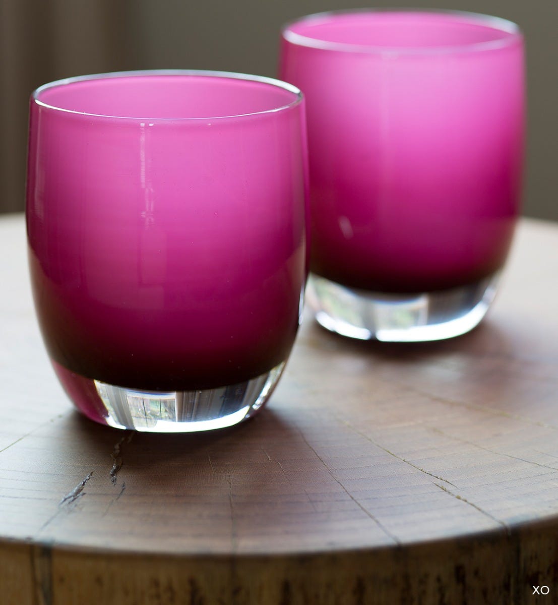 xo, raspberry with white interior, hand-blown glass votive candle holder