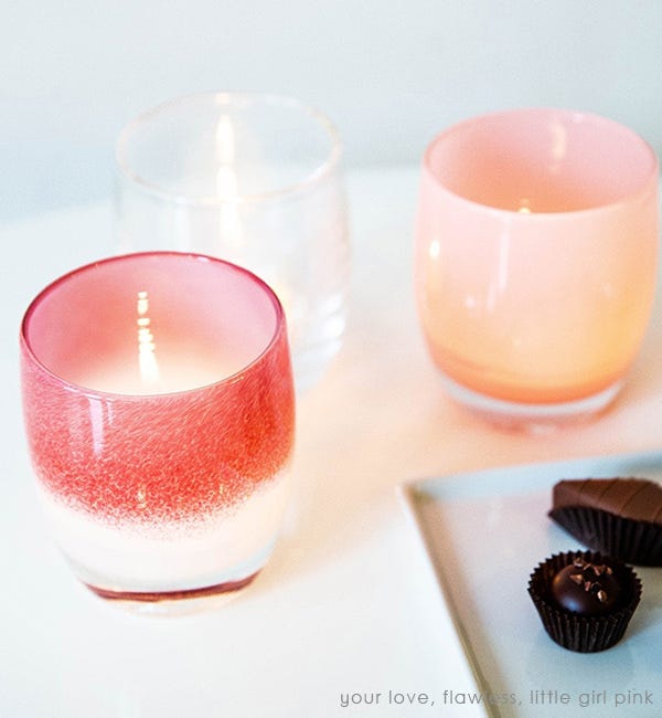 your love bright pink with white hand-blown glass votive candle holder. Paired with flawless and little girl pink.