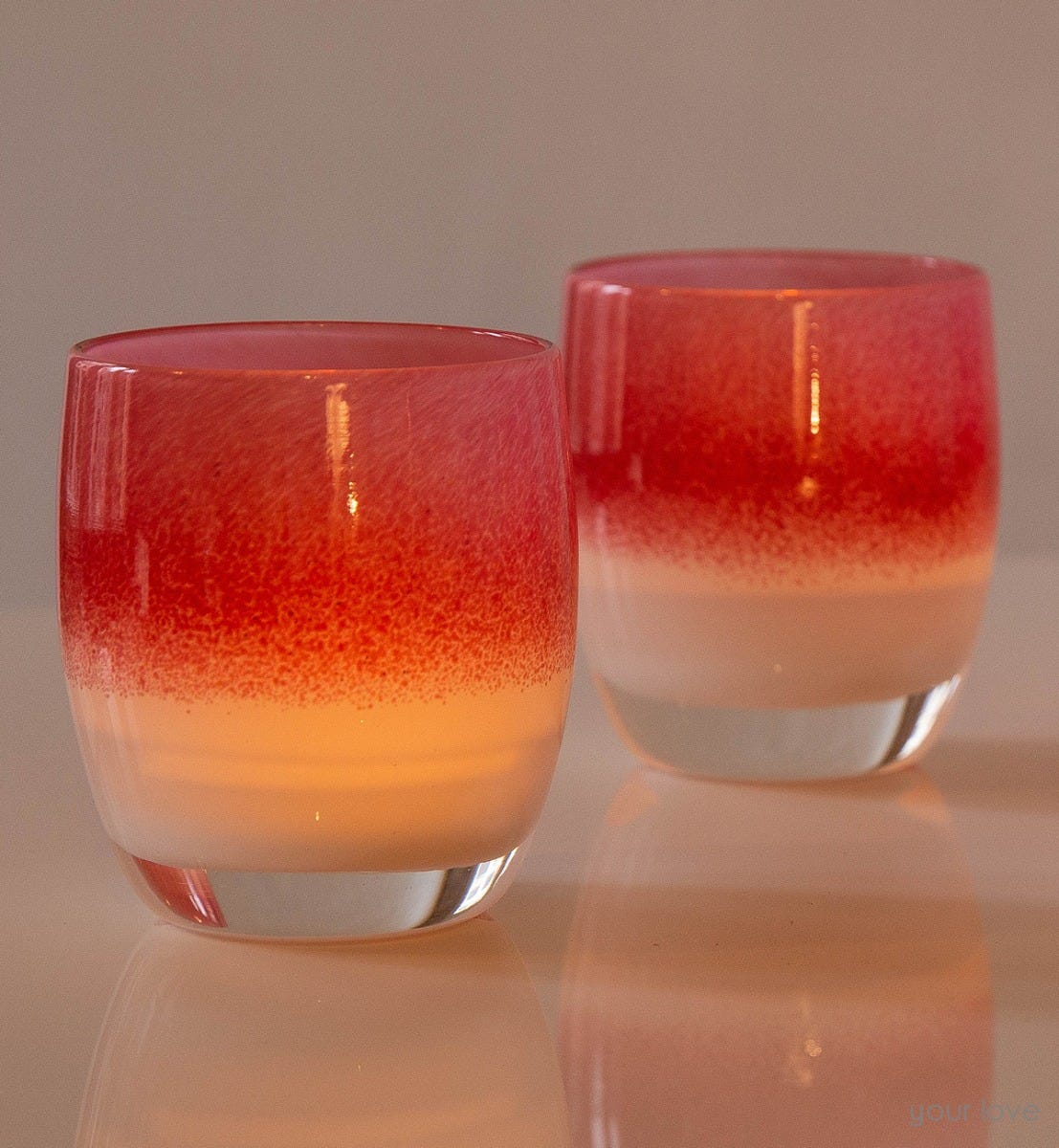 your love bright pink with white hand-blown glass votive candle holder