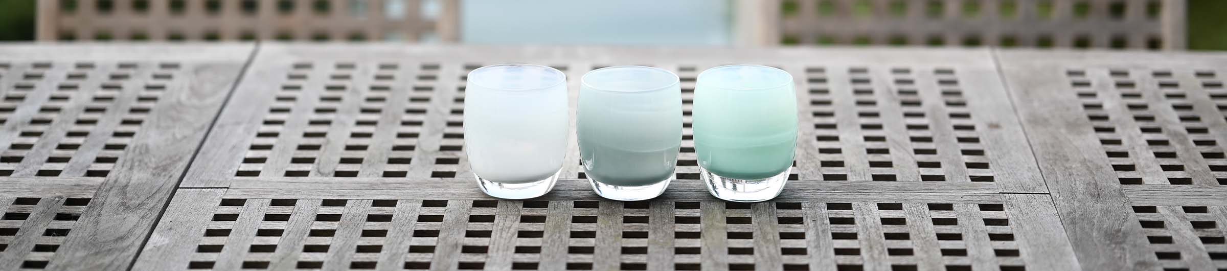 rainshine, happy cloud, and castle in the sky, hand-blown glass votive candle holders.