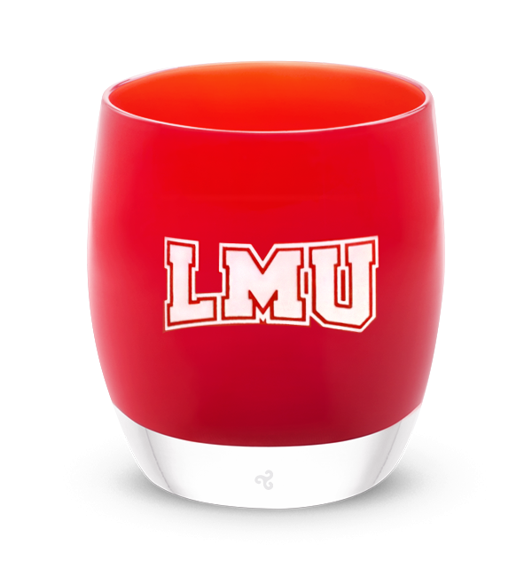 Loyola Marymount glassybaby, red hand-blown glass votive candle holder with LMU logo hand-etched in white.
