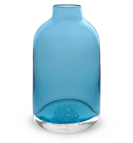 blue transparent bloomette, light transparent blue hand-blown glass flower bud vase.