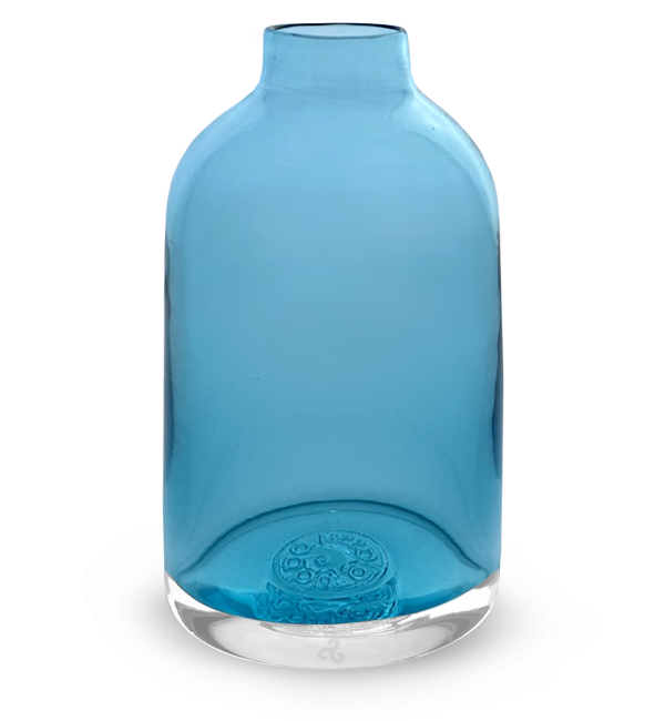 blue transparent bloomette, light transparent blue hand-blown glass flower bud vase.