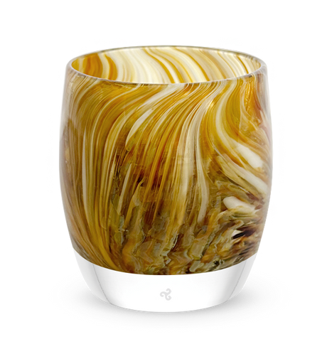 autumn leaves,  yellow brown raked hand-blown glass votive candle holder