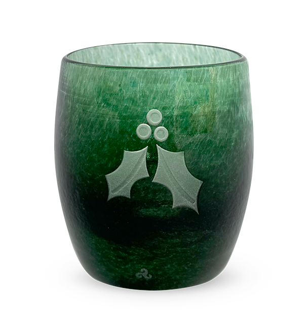 holly, dark green with etched holly leaf and berries, hand-made glass votive candle holder