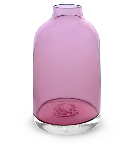 pink transparent bloomette, transparent pink hand-blown glass flower bud vase.