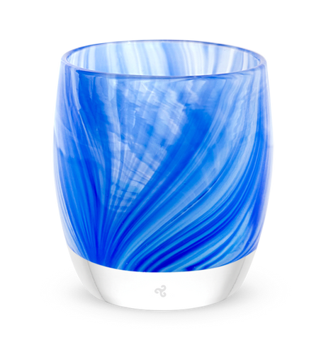 reflection, transparent clear and blue raked hand-blown glass votive candle holder.