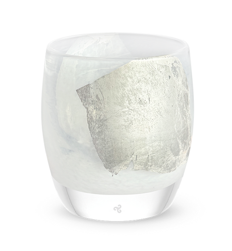 silver leaf, hand-blown white glass votive candle holder with silver leaf