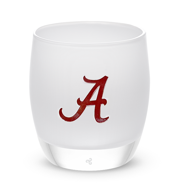 Alabama, etched University of Alabama college logo on a white hand-blown glass candle holder.