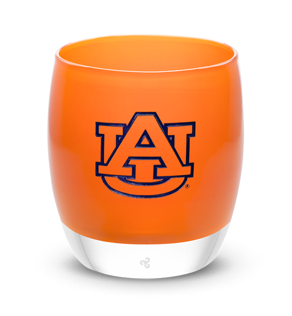 AU, orange with sandblasted Auburn University logo etching hand painted in navy blue, hand-blown glass votive candle holder.