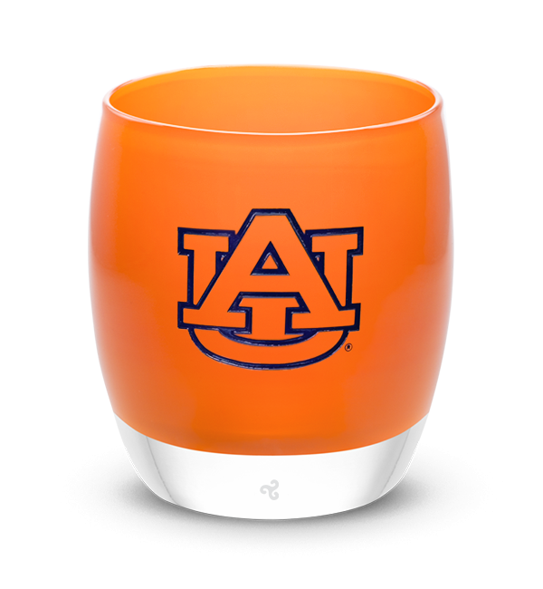 Auburn, orange with sandblasted Auburn University logo etching hand painted in navy blue, hand-blown glass votive candle holder.