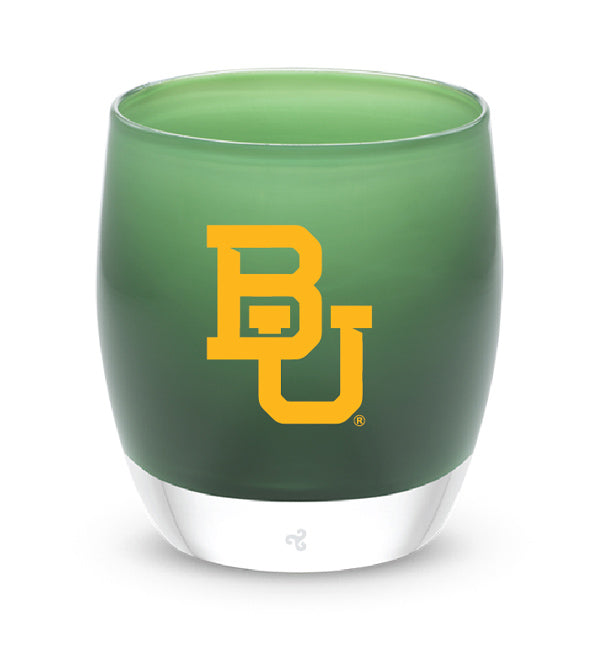 Green glass candle holder with yellow 'BU' logo on a white background