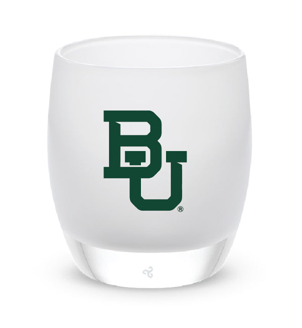 White glass with green 'BU' logo on a white background