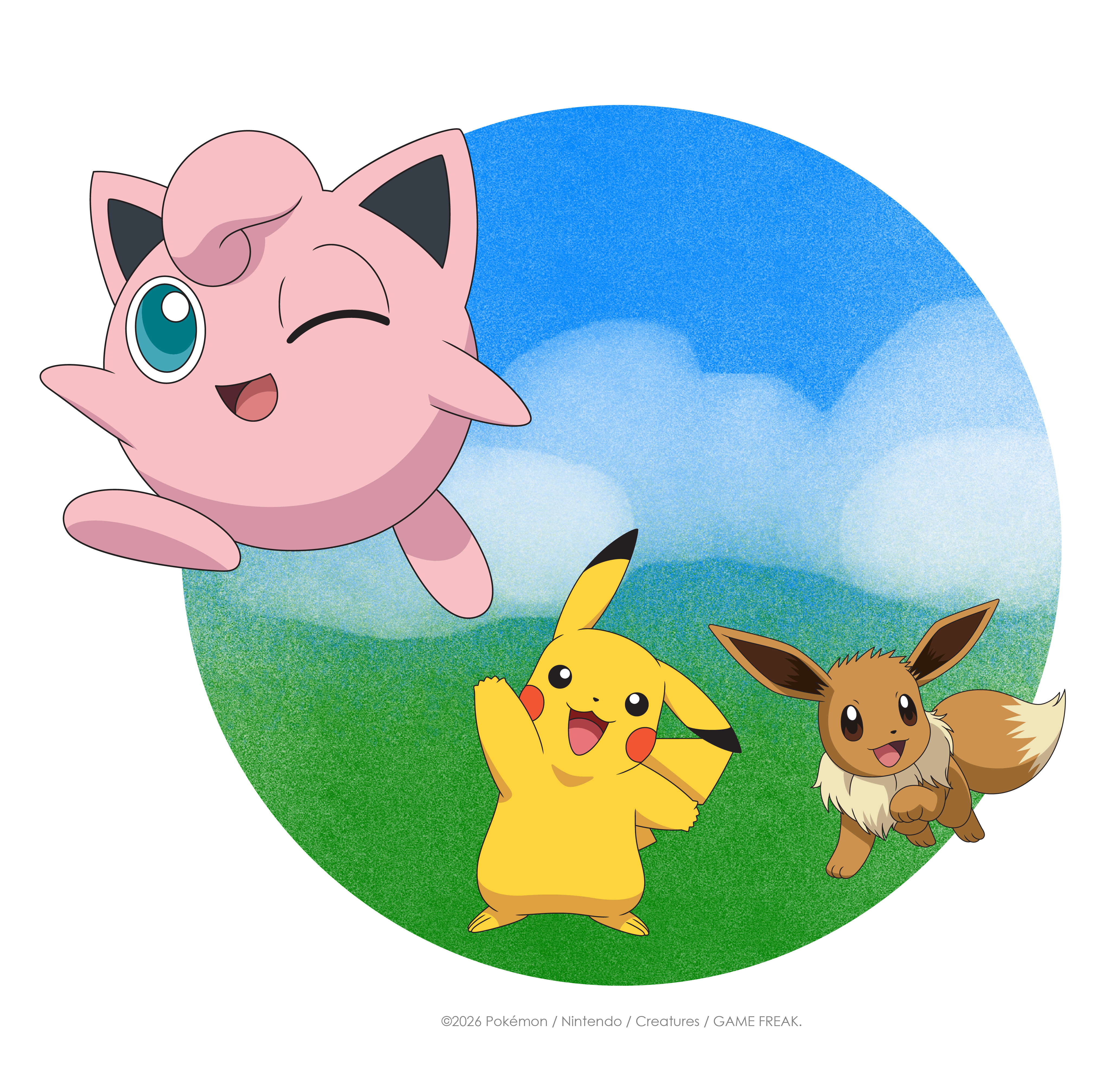 Three Pokémon on a circular background with a blue sky and green grass.