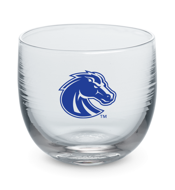 Boise State drinker, clear hand-blown stemless wine glass with Boise State logo hand-etched in blue.