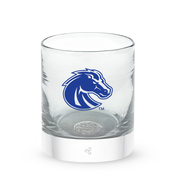 Boise State rocker, clear hand-blown lowball drinking glass with Boise State hand-etched in blue.