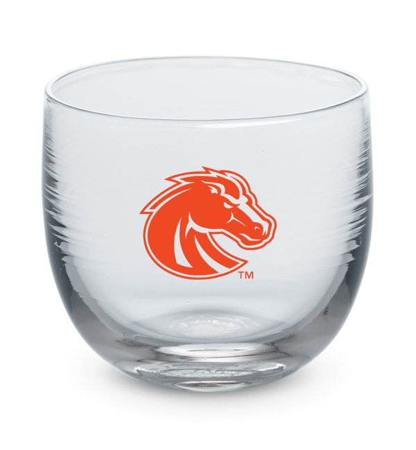 Boise State drinker, clear hand-blown stemless wine glass with Boise State logo hand-etched in orange.