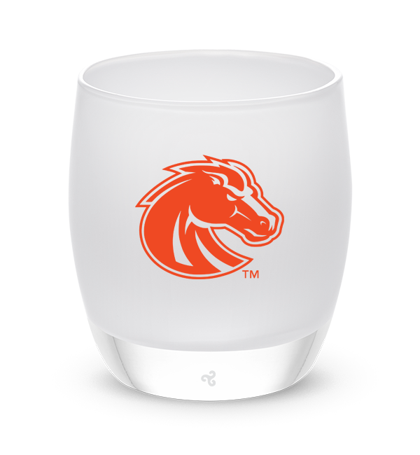 Boise State, white with sandblasted Boise State logo etching hand painted in orange, hand-blown glass votive candle holder.