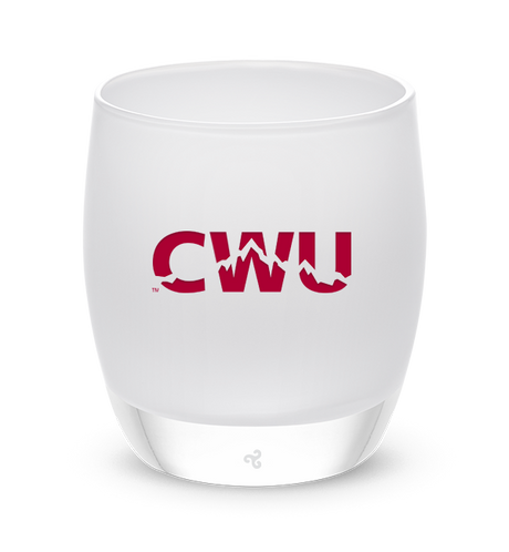 Central Washington University, etched Central Washington University (CWU) college logo on a white hand-blown glass candle holder.