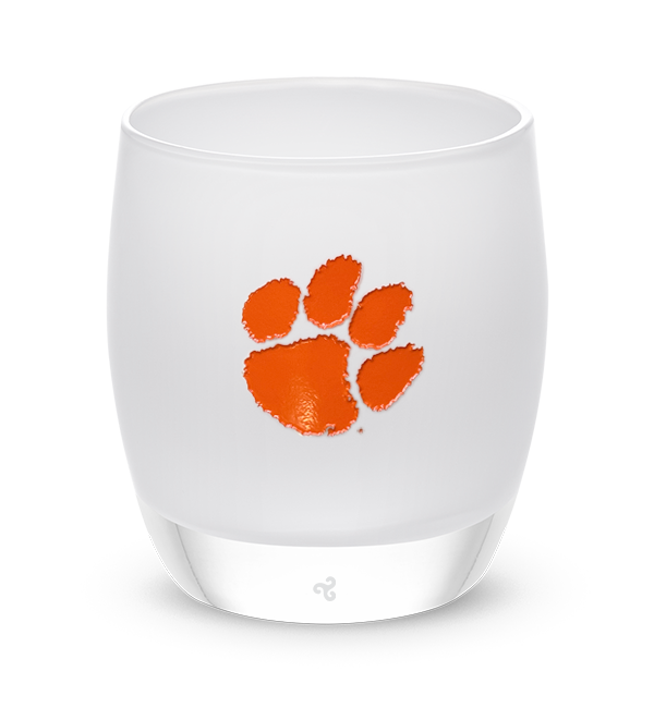 Clemson, white with sandblasted Clemson University logo etching hand painted in orange, hand-blown glass votive candle holder.