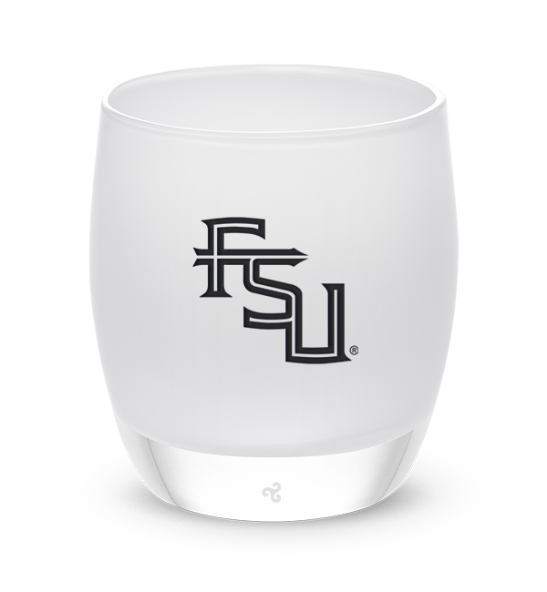 Florida State University, white with sandblasted FSU logo etching hand painted in black, hand-blown glass votive candle holder.