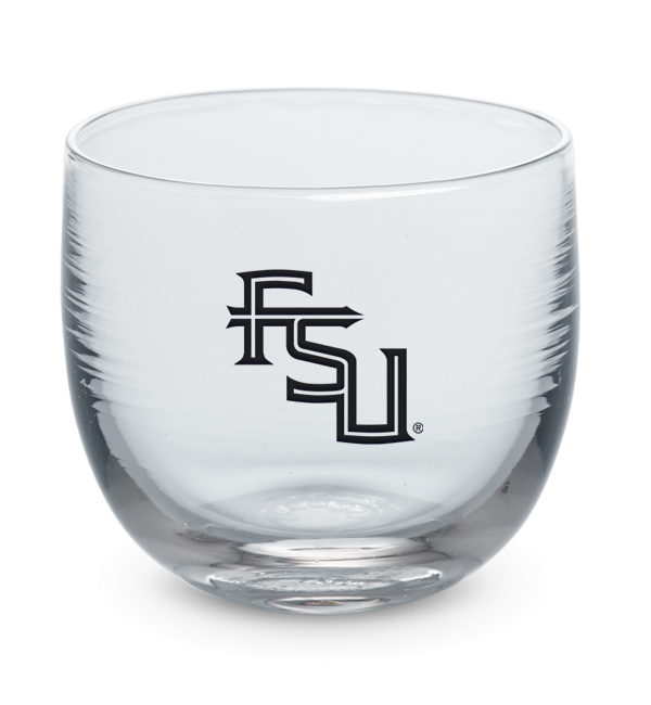 Florida State University drinker, clear hand-blown stemless wine glass with FSU logo hand-etched in black.
