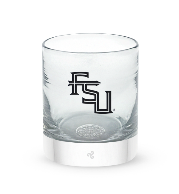 Florida State University rocker, clear hand-blown lowball drinking glass with FSU hand-etched in black.
