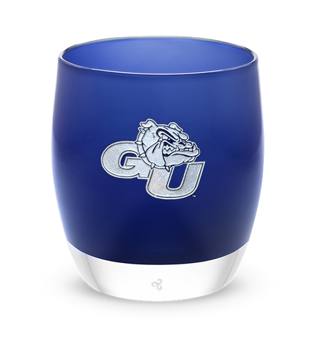 Gonzaga, Gonzaga University mascot logo in silver on navy blue, hand-blown glass votive candle holder.